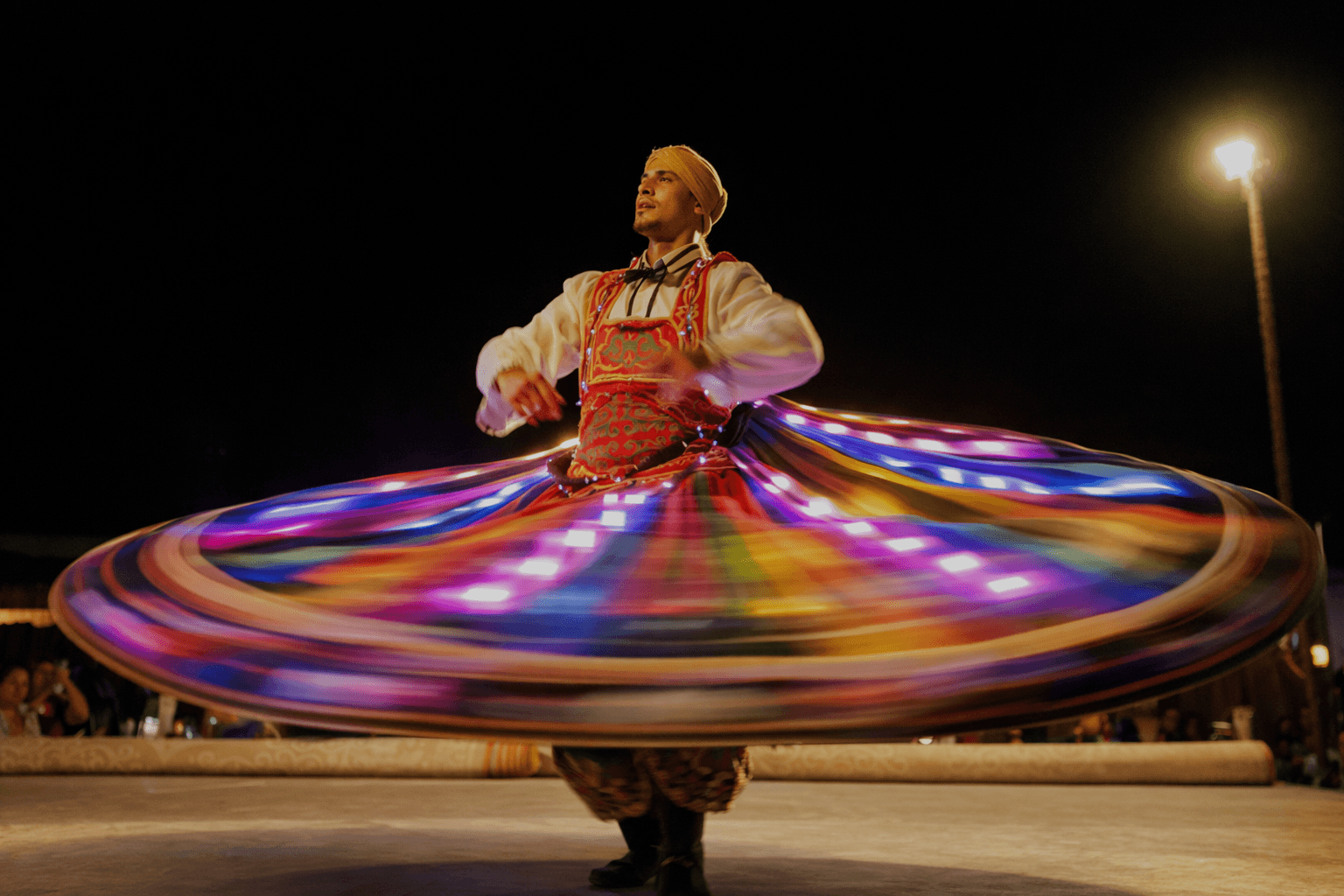 Traditional Tanoura dance performance at Zerzura desert dinner experience