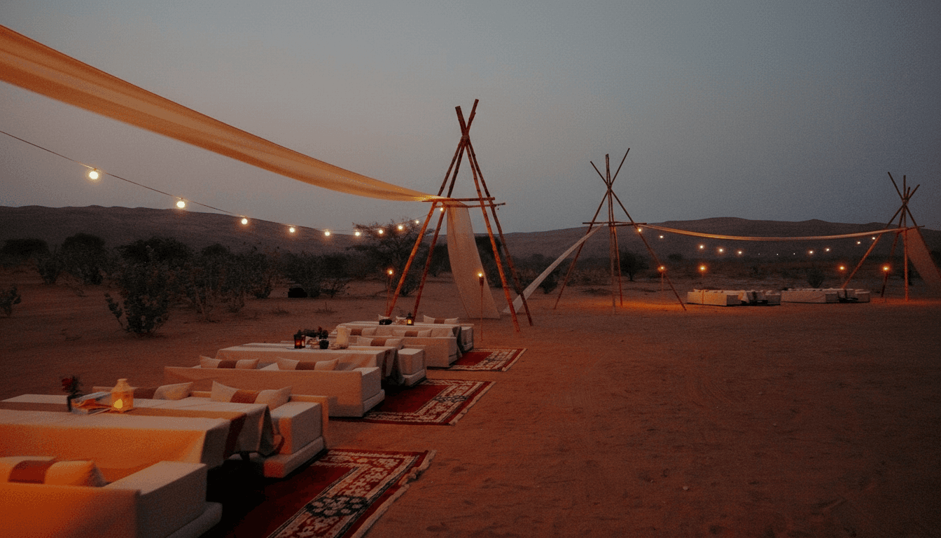 Romantic desert dinner setup in Mleiha dunes at Zerzura Experiences