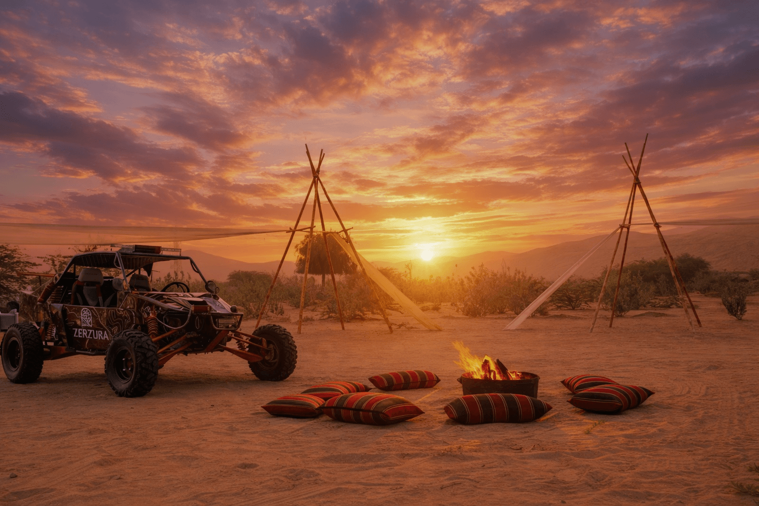 Elegant desert dinner seating arrangement at Zerzura Experiences Mleiha