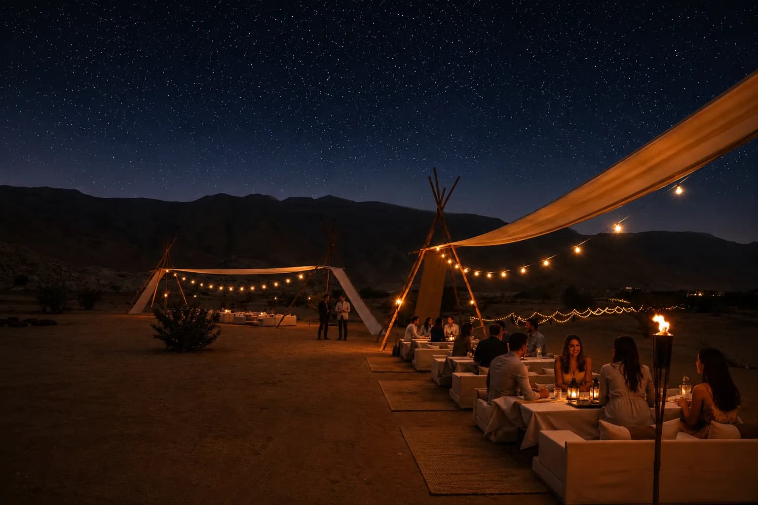 Private Dinner-Tische unter dem Nachthimmel im Zerzura-Camp in Mleiha