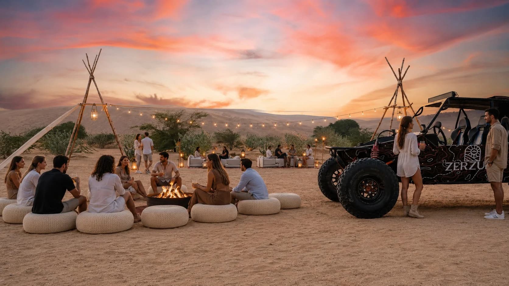A Zerzura buggy beside guests at camp