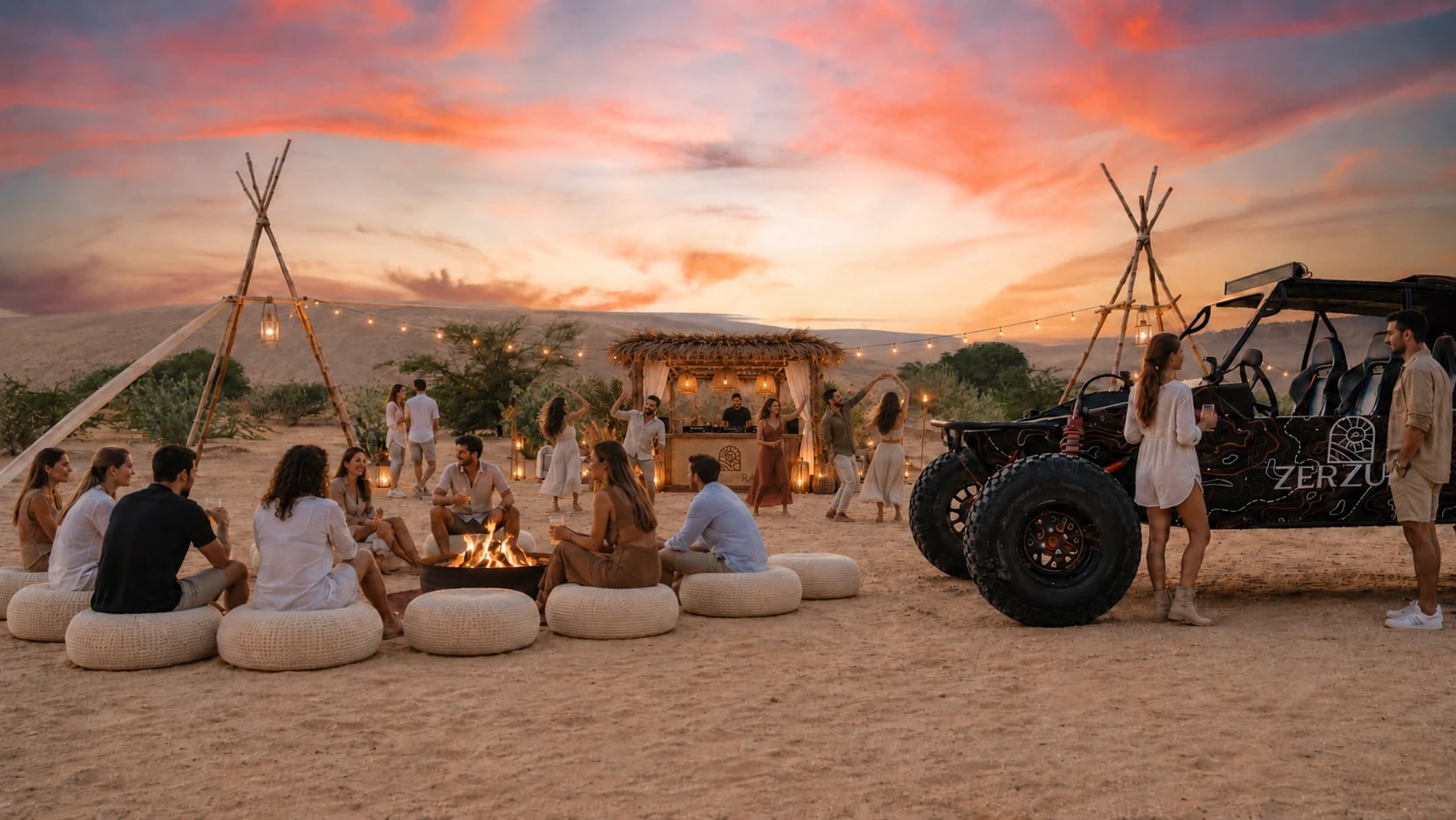 Sunset gathering at Zerzura with a DJ and guests around the fire